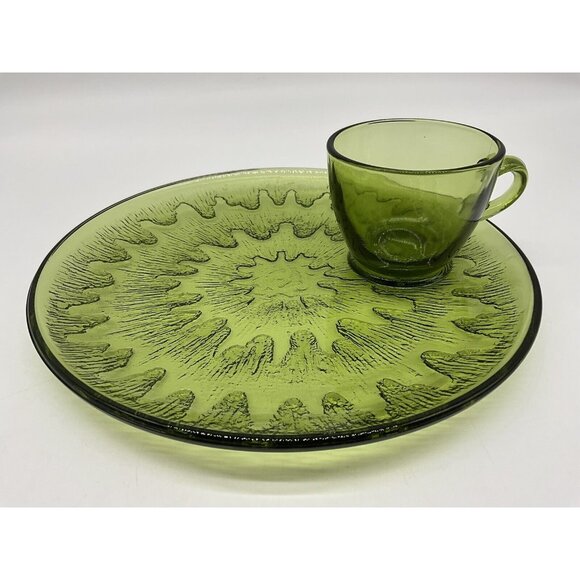 Vintage Sunburst Green by Indiana Glass Snack Plate & Cup Set Textured USA MCM - Picture 14 of 16